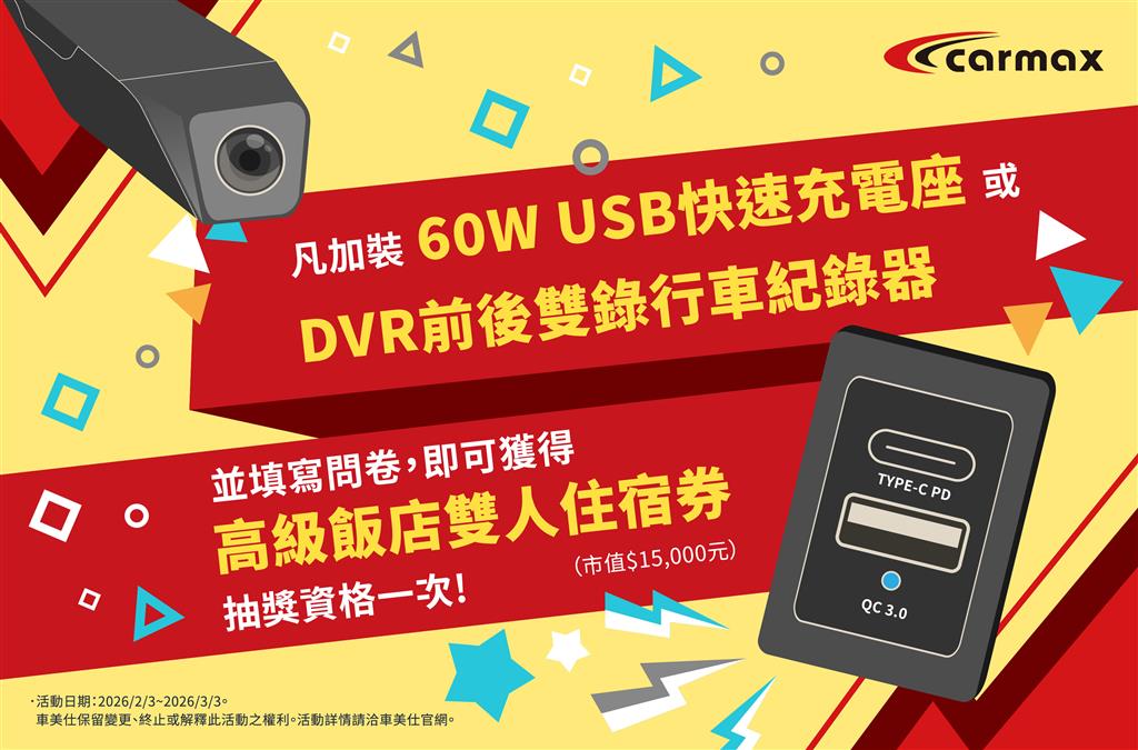 加裝60W快速充電座或DVR行車紀錄器，填寫問卷即有機會獲得高級飯店雙人住宿券！
